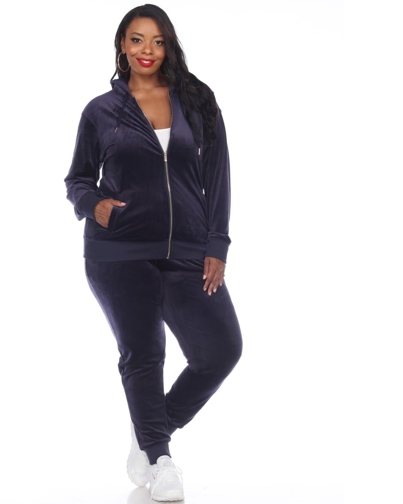 Front of a model wearing a size 4X 2 Piece Velour Track Suit in Navy by White Mark. | dia_product_style_image_id:247975